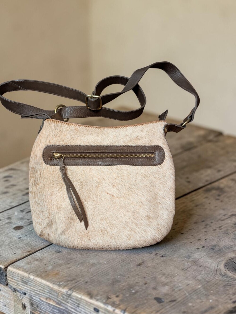Maurizio Taiuti Haircalf Crossbody Bag with Brown Leather Trim